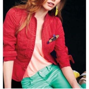 Anthropologie Elevenses Red Linen Crop Field Military Blazer Jacket Size 0